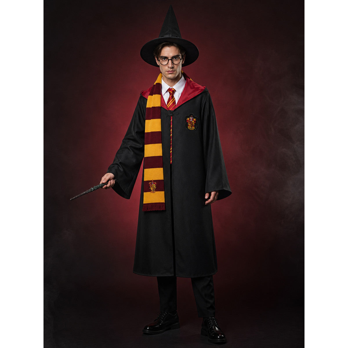 Black Hooded Wizard Robe Costume Set with School Crest, Hat, Tie, Scarf main product view