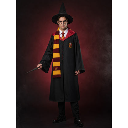 Black Hooded Wizard Robe Costume Set with School Crest, Hat, Tie, Scarf main product view