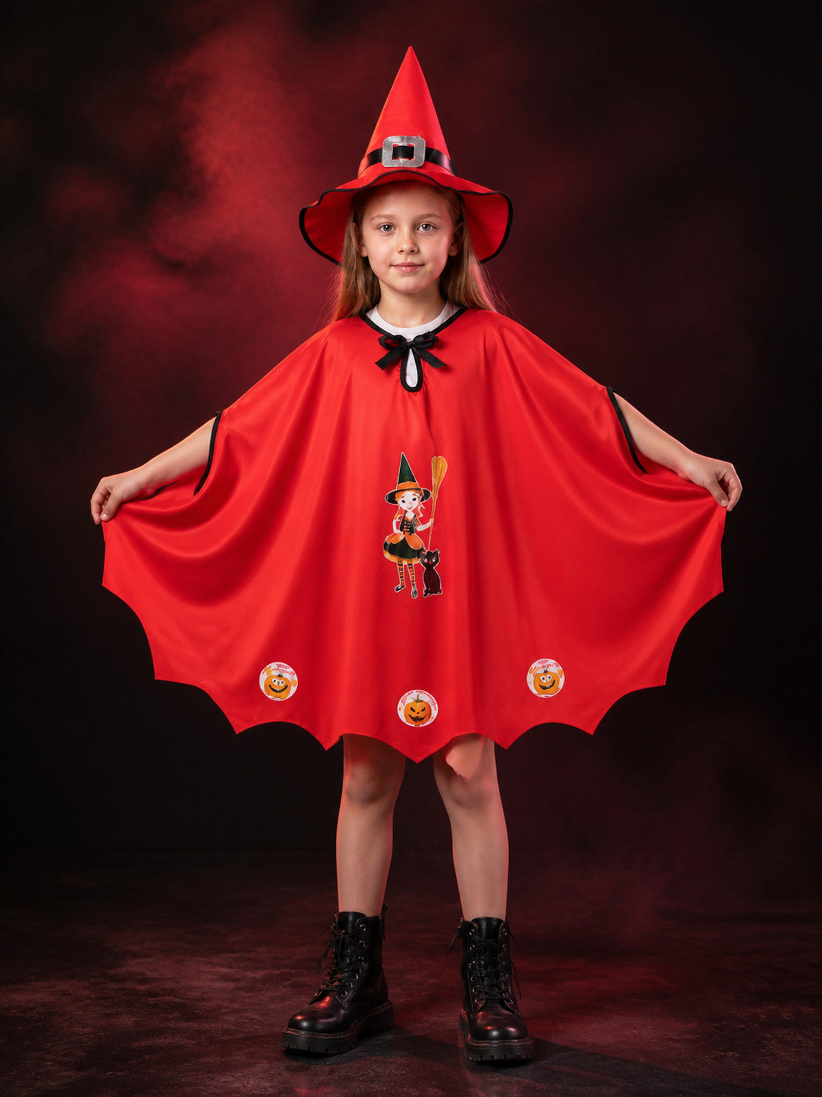 Kids Witch Costume Set with Cape and Hat, Red Wizard Cloak Halloween Outfit main product view