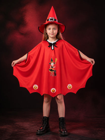 Kids Witch Costume Set with Cape and Hat, Red Wizard Cloak Halloween Outfit main product view