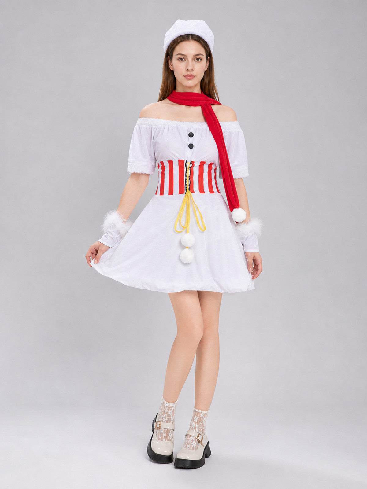 White New Year's Costume Dress with Red-and-White Stripes Costume Dresses detail