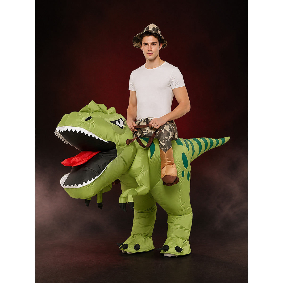 Adult Inflatable Green Dinosaur Costume, Striped Spotted T-Rex Fancy Dress with main product view