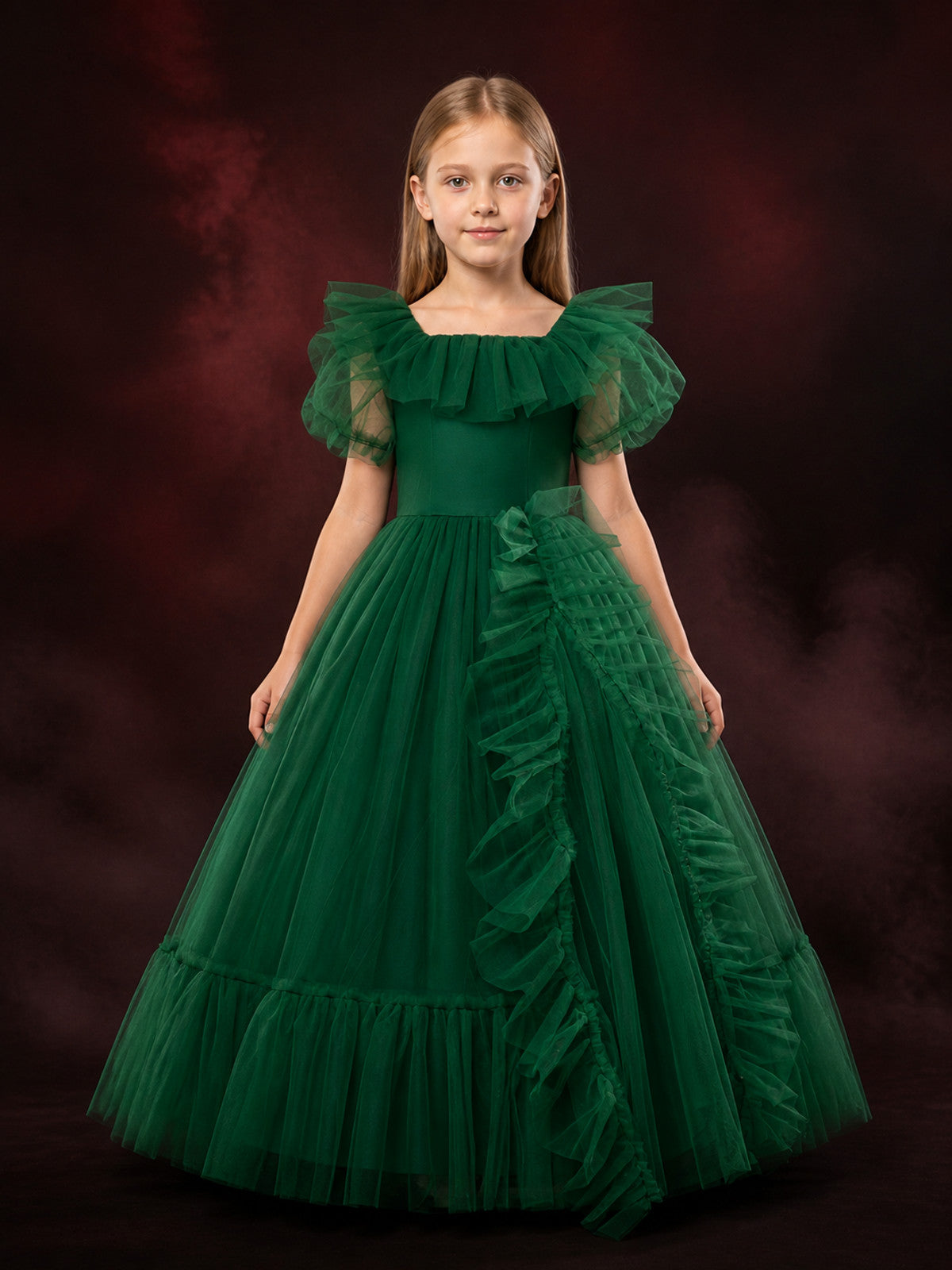 Girls' Green Princess Dress, Ruffled Puff Sleeve Layered Tulle Formal Gown main product view