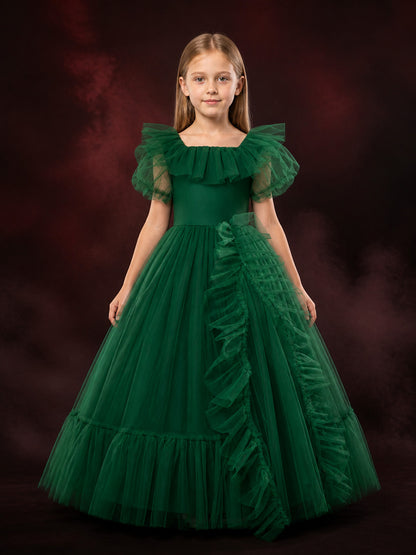 Girls' Green Princess Dress, Ruffled Puff Sleeve Layered Tulle Formal Gown main product view