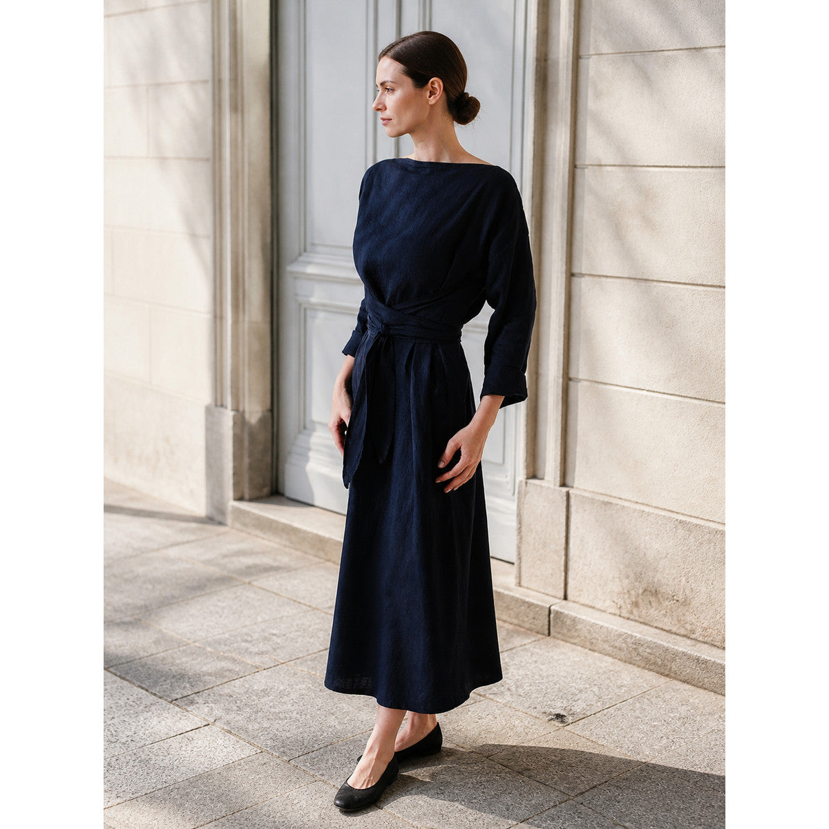 Long Dress with 3/4 Sleeves, Tie Belt, and Shirring
