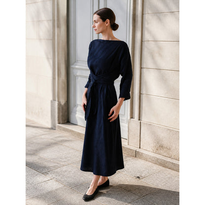 Long Dress with 3/4 Sleeves, Tie Belt, and Shirring