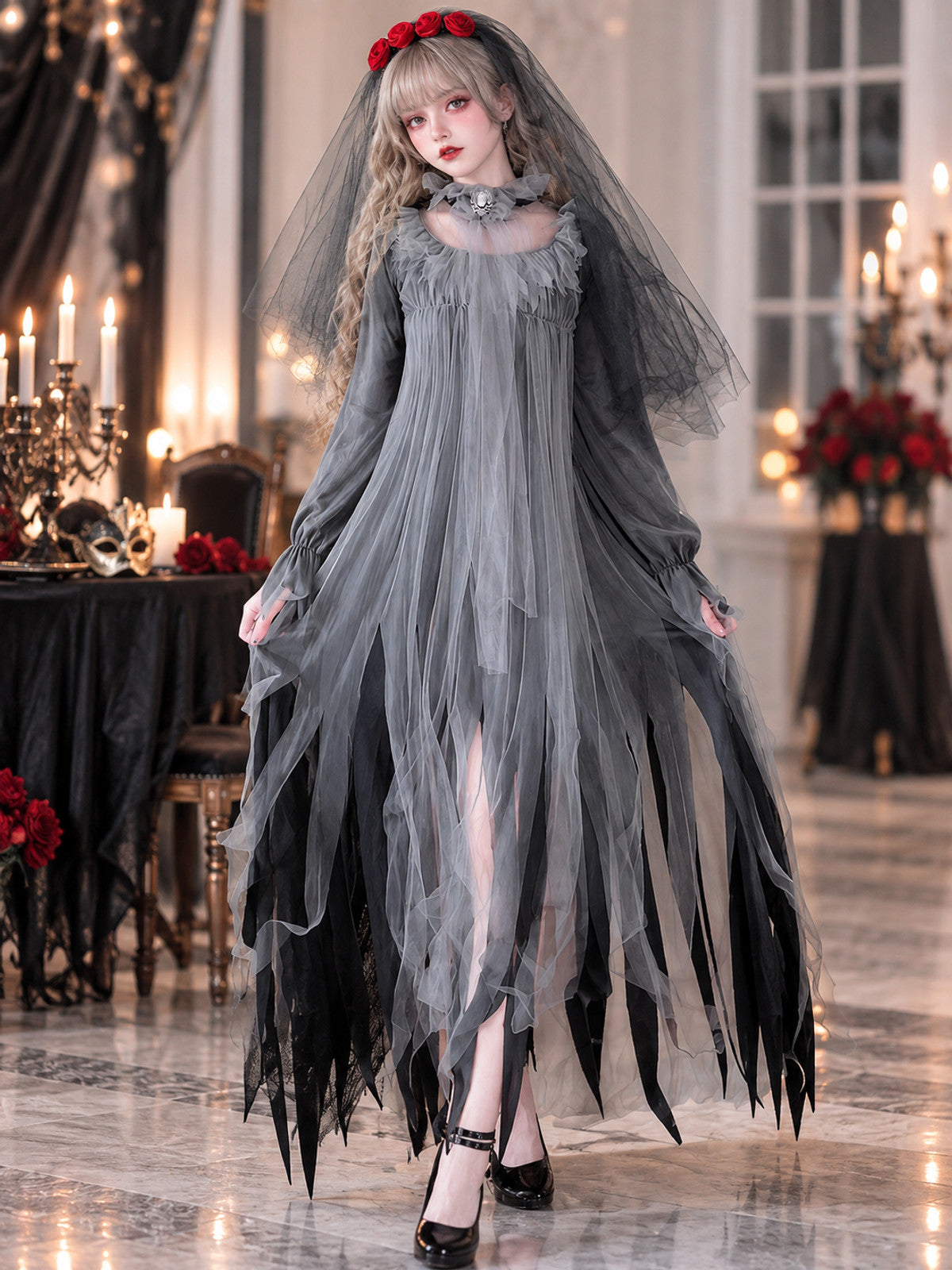 Carnival Costume with Veil, Spider, and Flowers