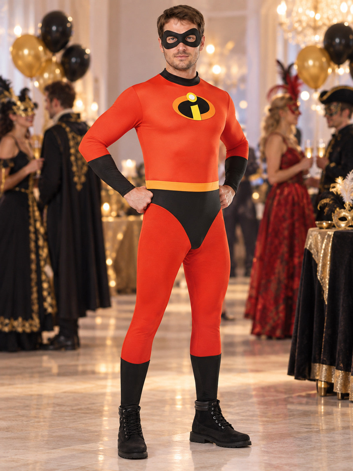 Red superhero costume with black inserts and a mask