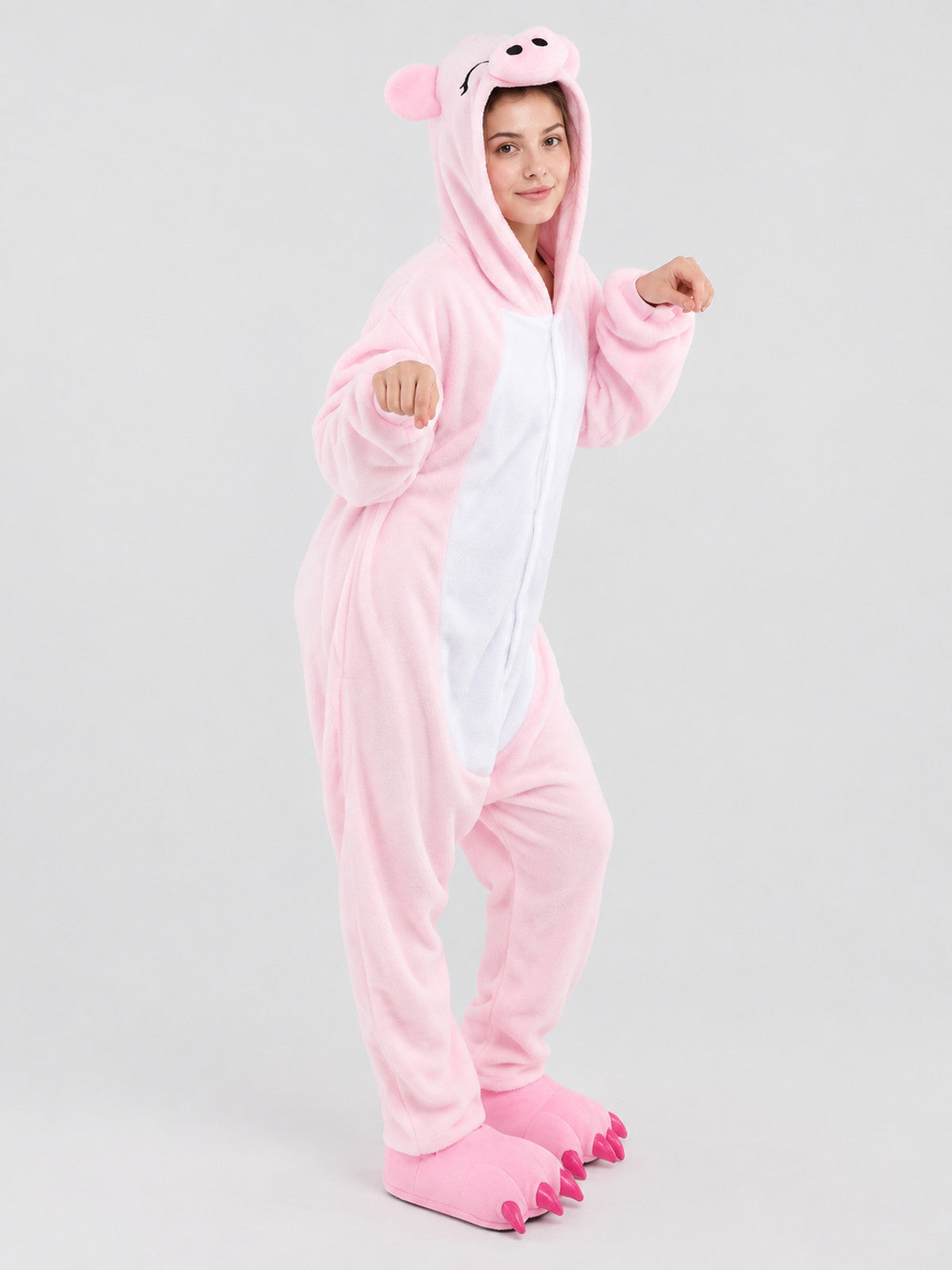 Kids' Pink and White Hooded Pajama Jumpsuit with Ears