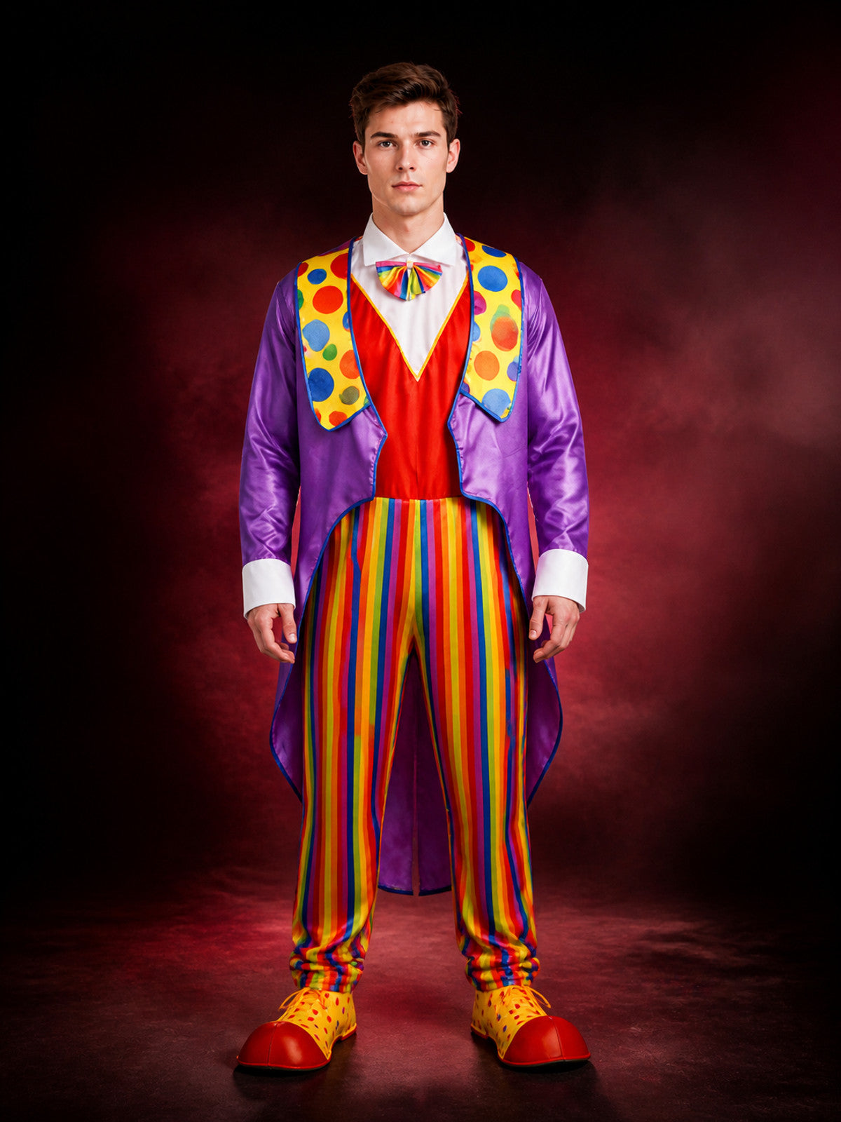 Adult Unisex Clown Halloween Costume Set with Colorful Striped Jumpsuit and