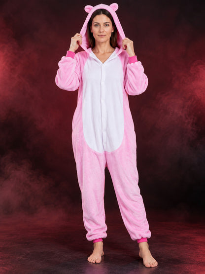Pink-and-White Flannel Hooded One-Piece Pajama