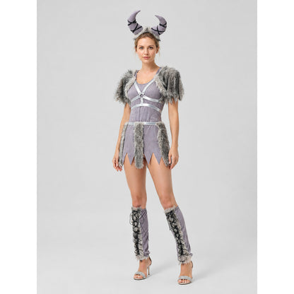 Halloween Viking Costume with Horns and Fur on-model front view