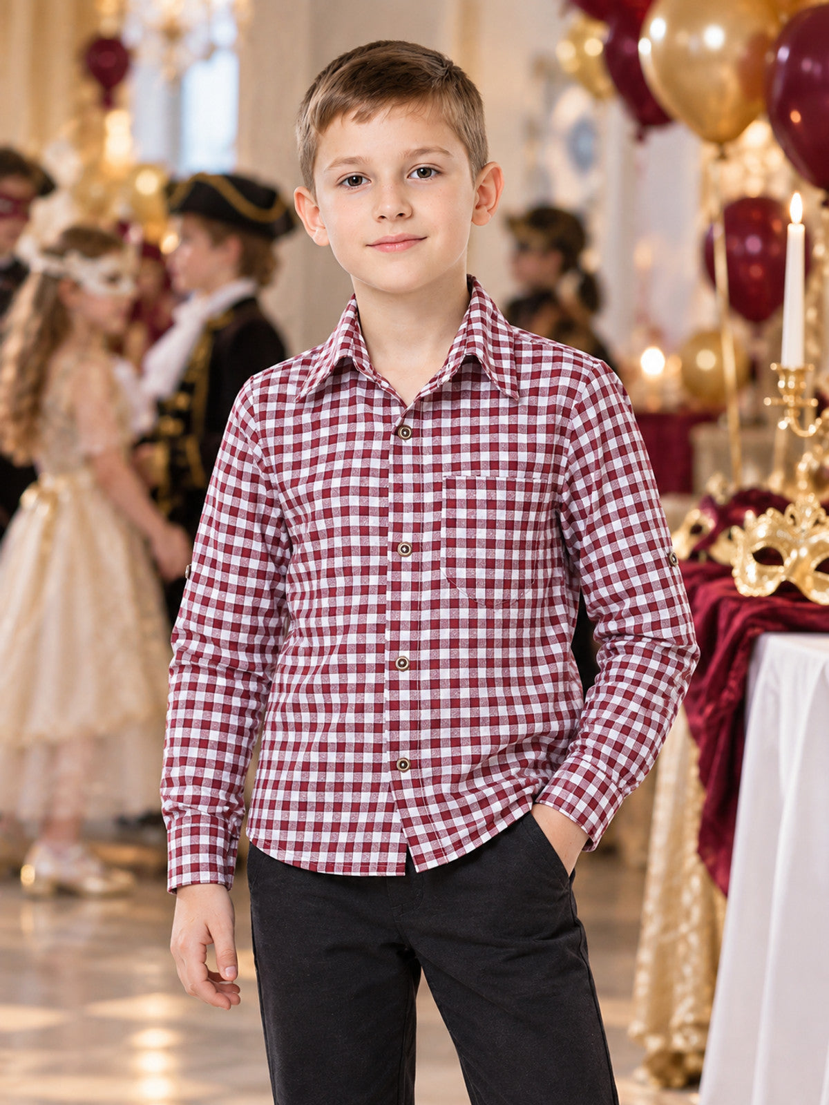 Kids' Long-Sleeve Plaid Shirt in Burgundy