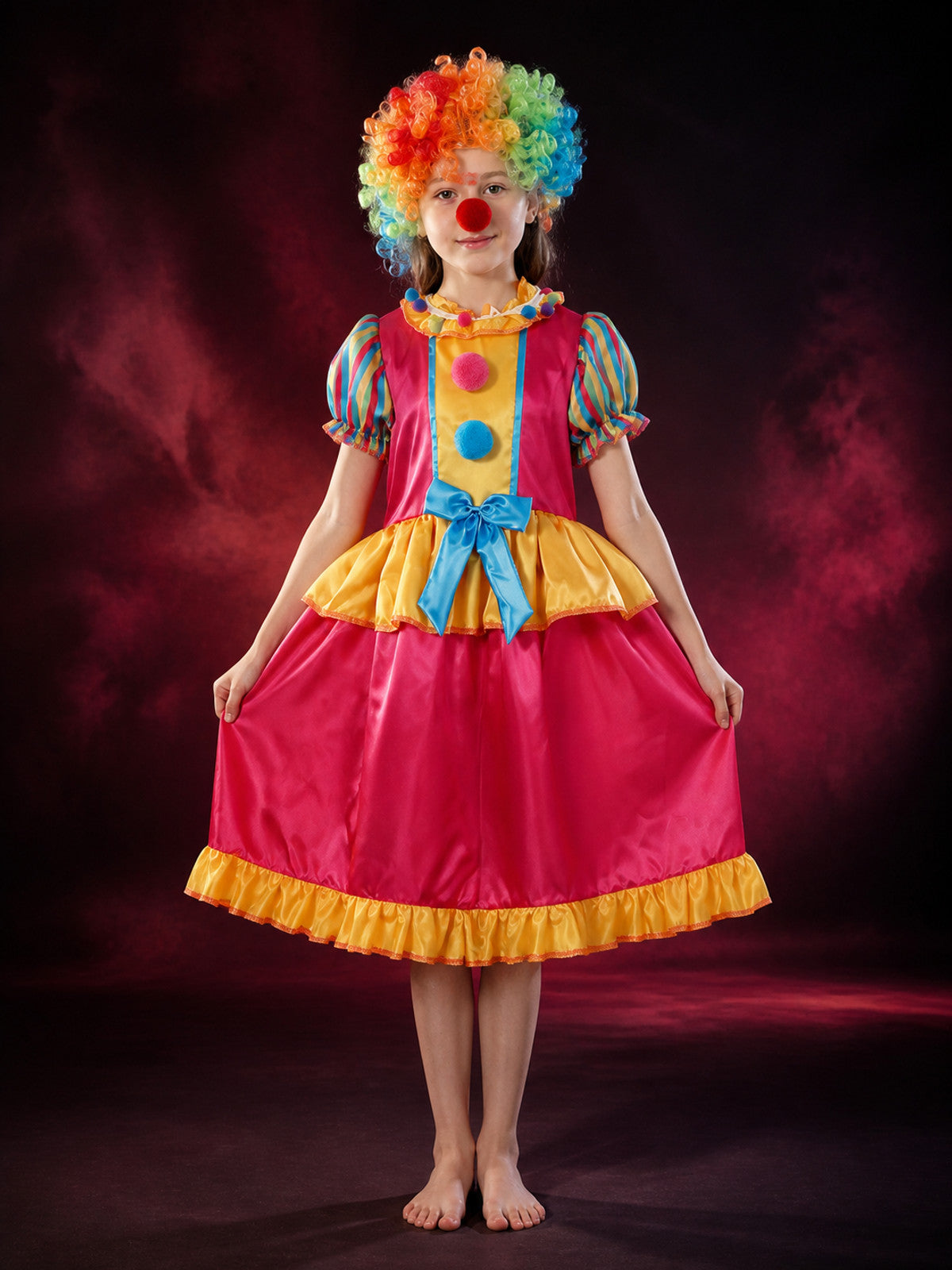 Kids' Rainbow Clown Costume Set with Wig and Nose, Colorful Party Cosplay Outfit main product view