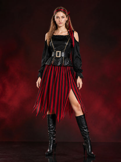 Women's Pirate Costume Set, Red Black Striped Dress with Asymmetric Hem, Belt main product view