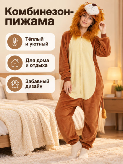 Flannel Hooded Pajama Jumpsuit Lion Beige