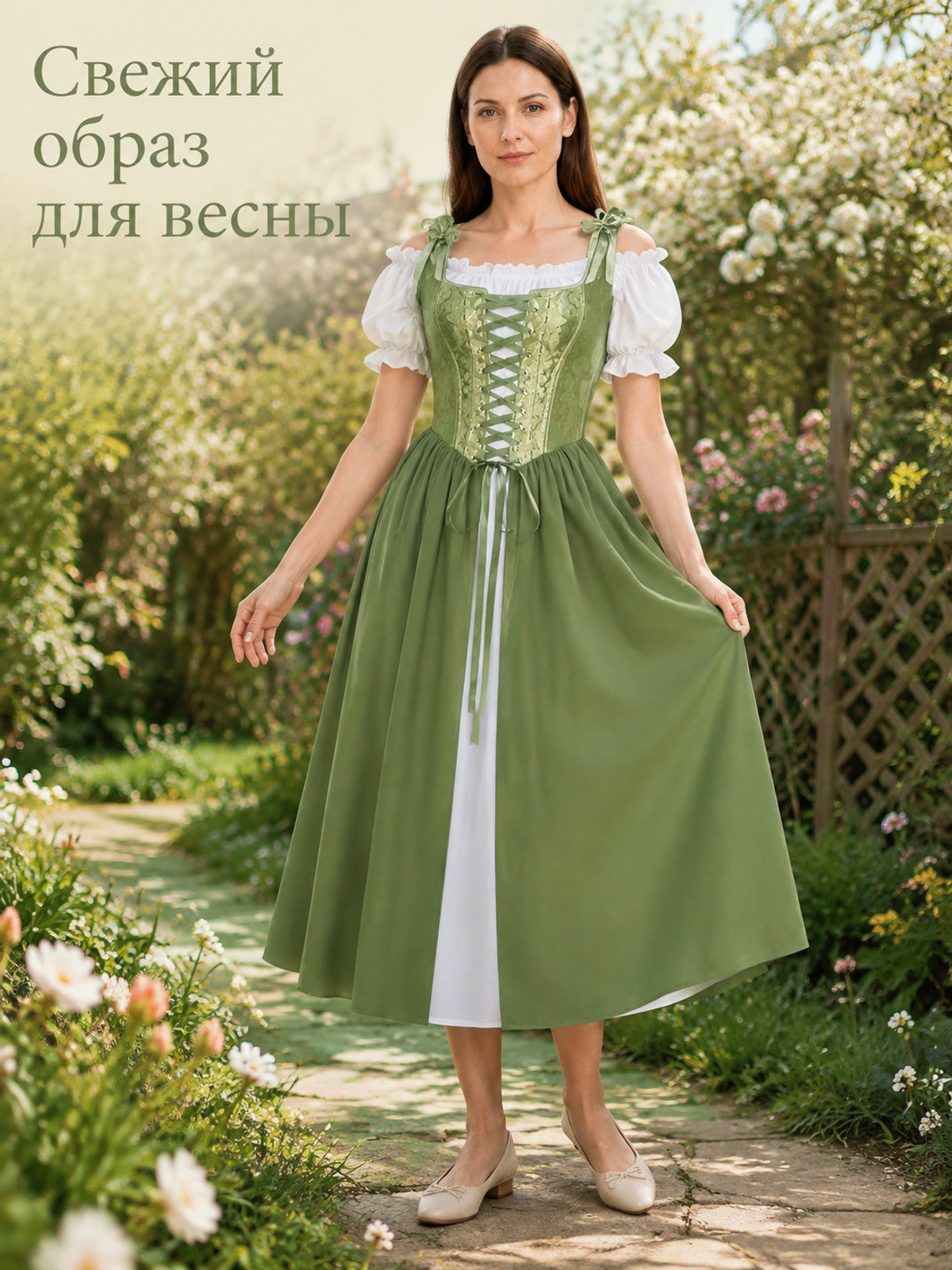 Women's midi dress with a corset and puff sleeves Costume Dresses detail
