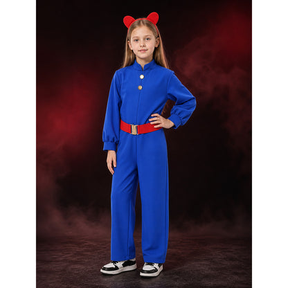 Kids Willy Wonka Blue Jumpsuit Costume Set with Red Ears Headband & Belt main product view