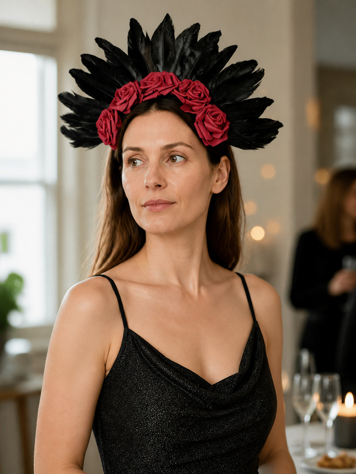Carnival Headband with a Red Rose and Black Feathers