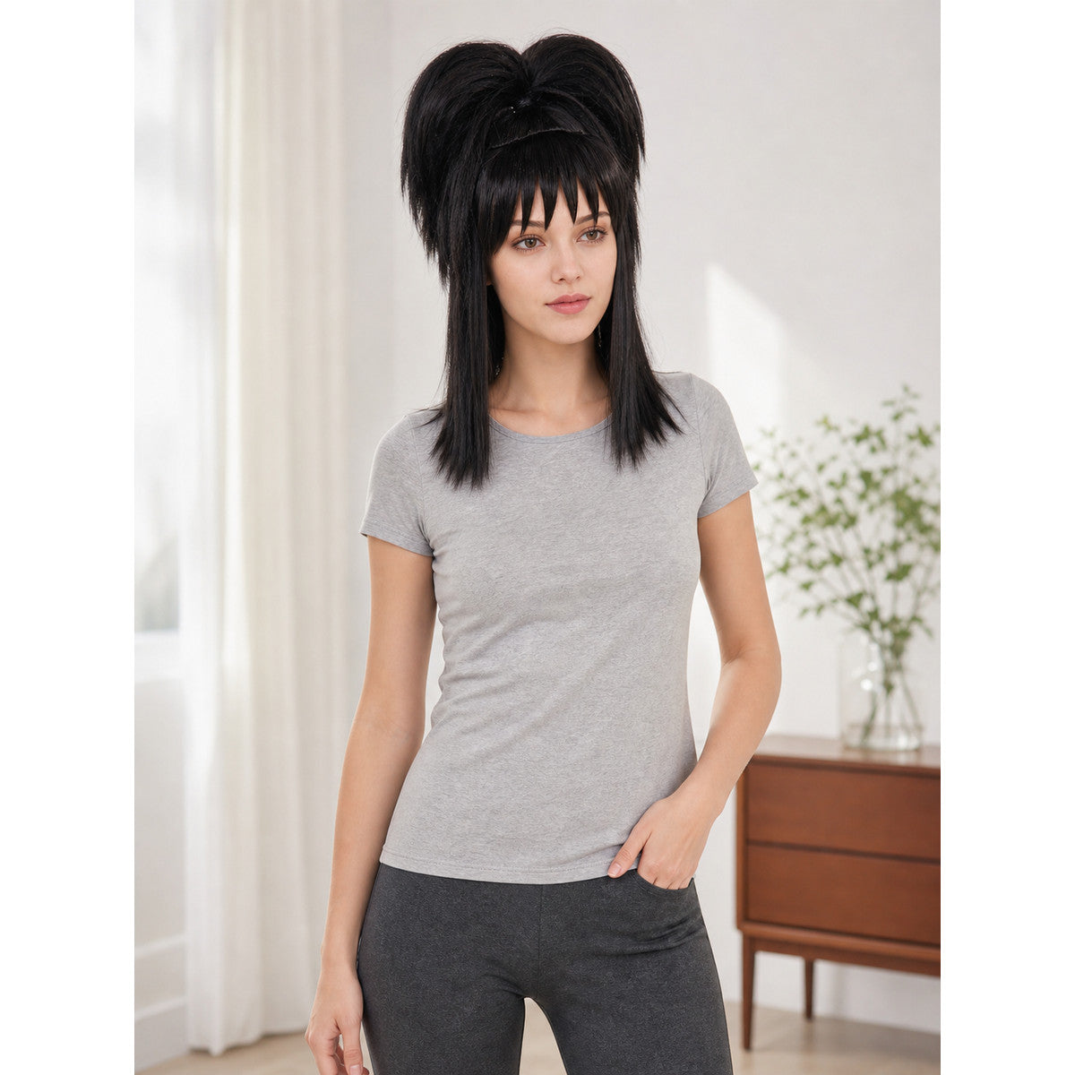 Black Lydia Beetlejuice Cosplay Wig with Double Buns and Bangs lifestyle view