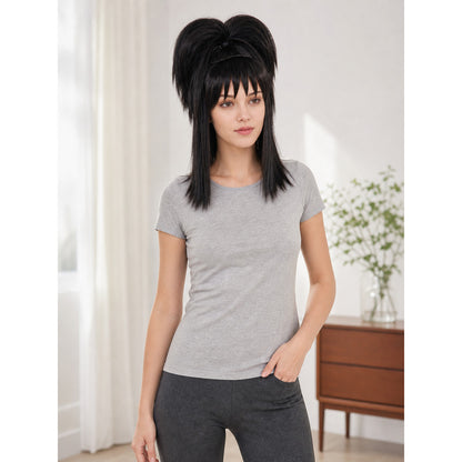 Black Lydia Beetlejuice Cosplay Wig with Double Buns and Bangs lifestyle view