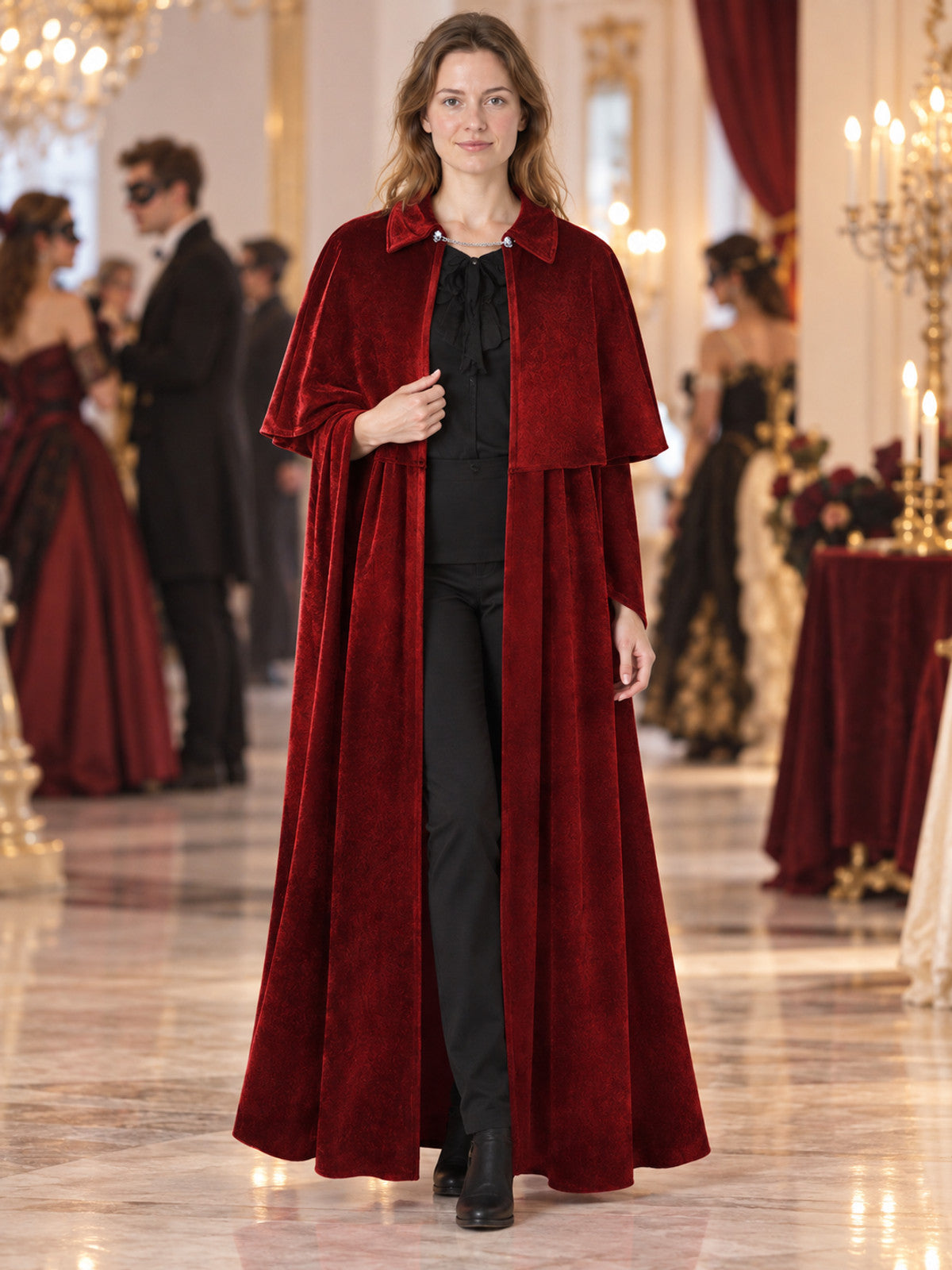 Burgundy Velvet Cloak with Capelet and Chain