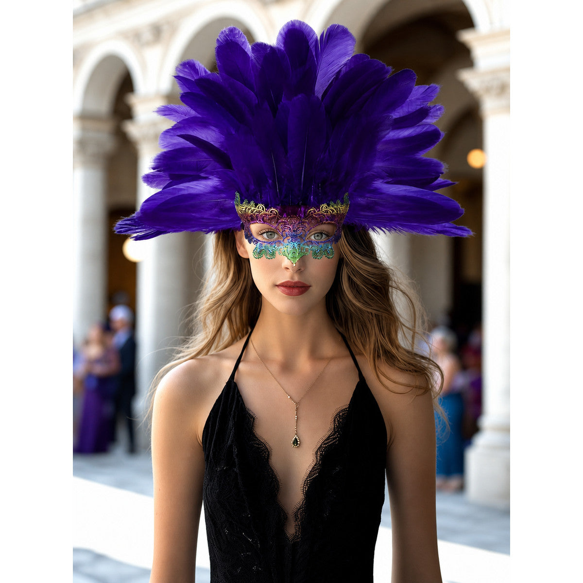 Purple feather headdress with a multicolor eye mask worn by a model in front of an arched building