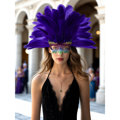 Purple feather headdress with a multicolor eye mask worn by a model in front of an arched building