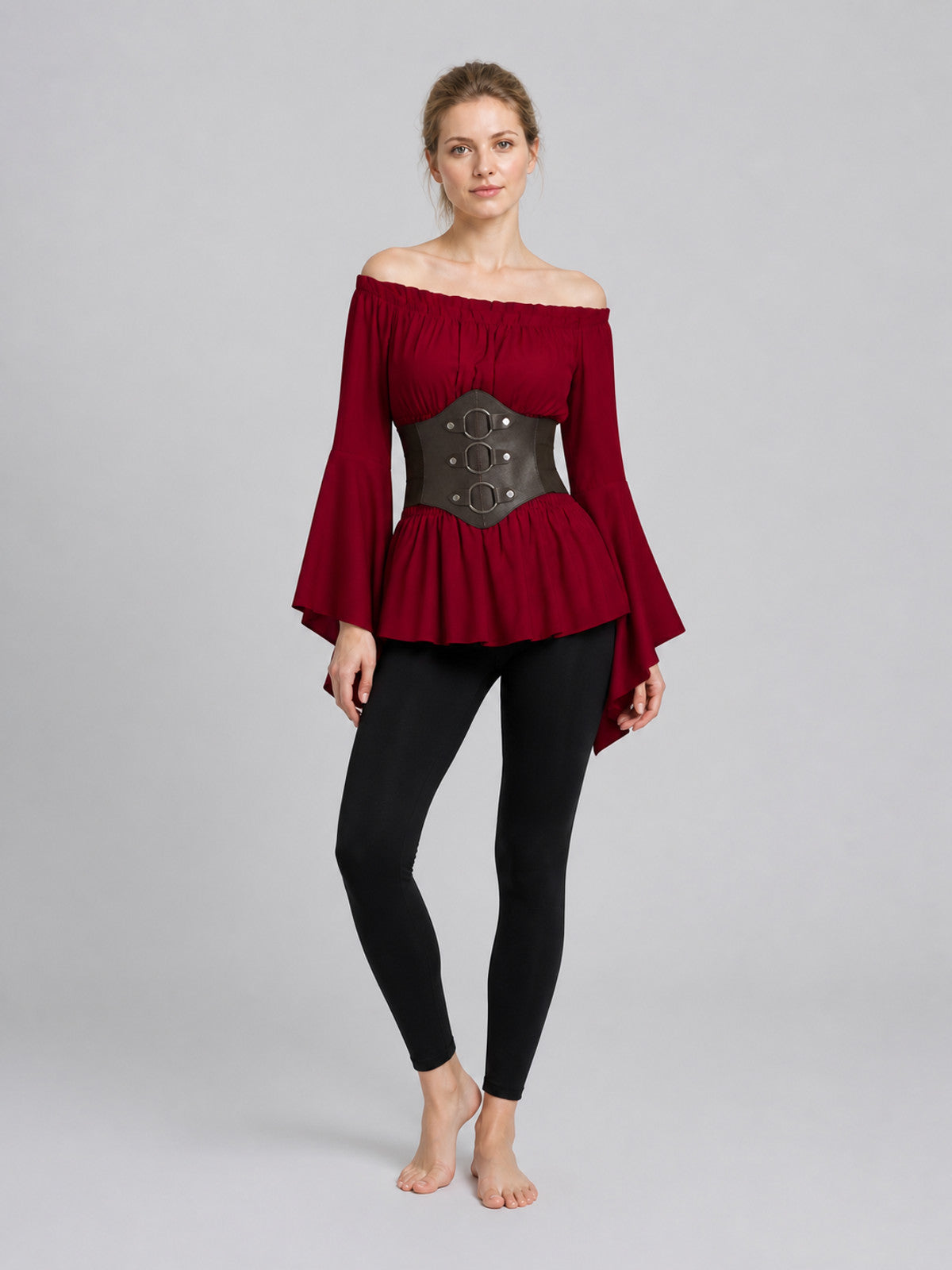 Burgundy Blouse with Black Belt, Pirate Cosplay Costumes detail