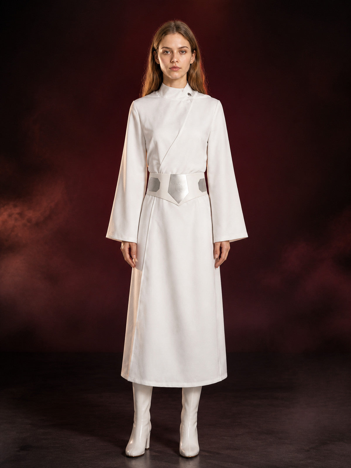 Women's White Princess Cosplay Dress, High Neck Long Sleeve A-Line with Belt main product view