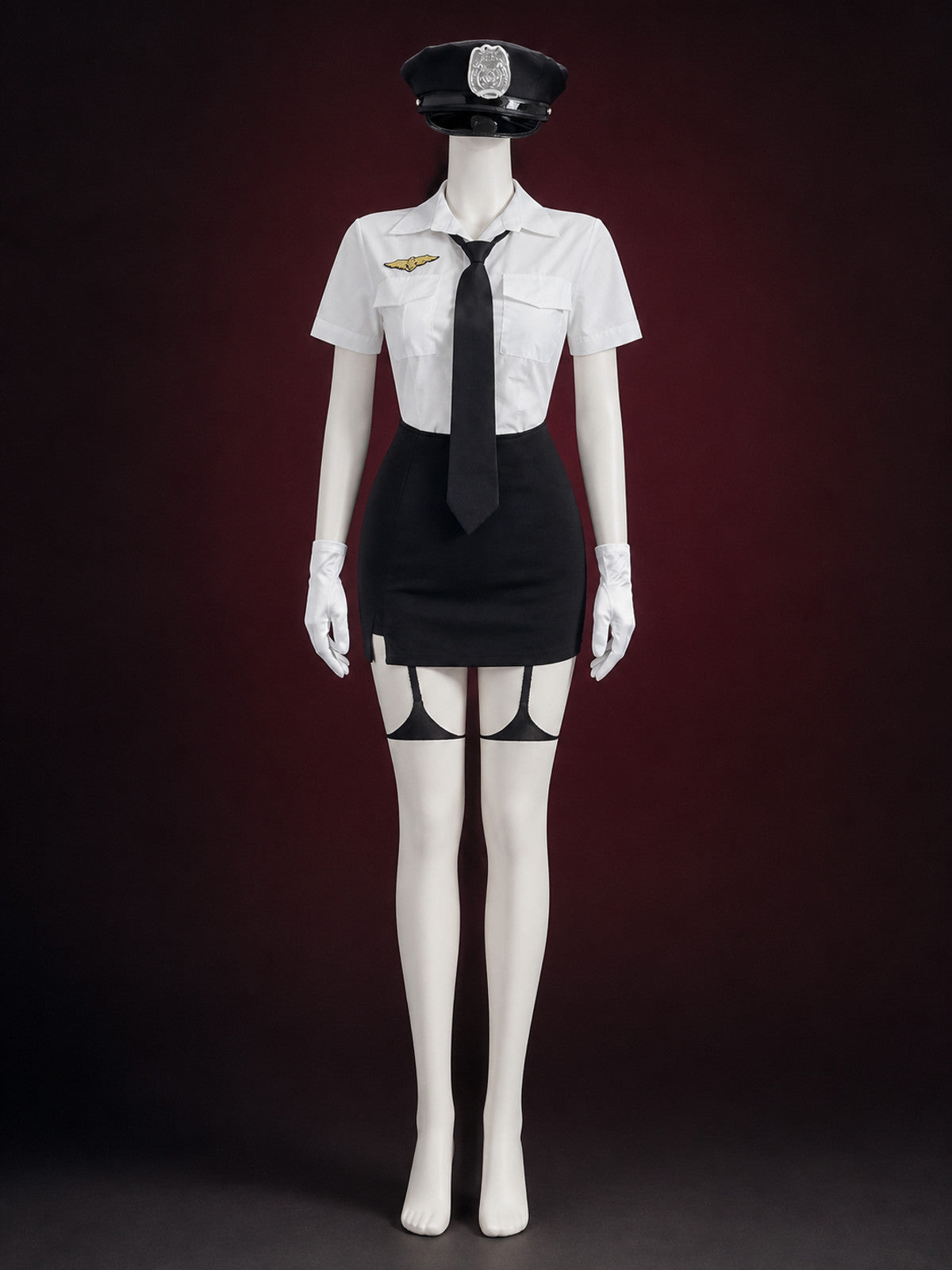 Women's Police Officer Costume Set with Hat, Tie & Gloves - White & Black Short main product view
