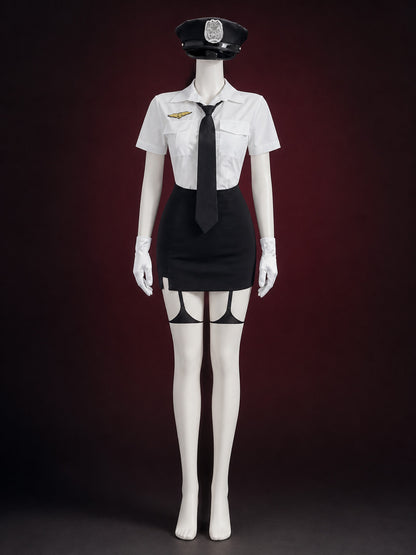Women's Police Officer Costume Set with Hat, Tie & Gloves - White & Black Short main product view
