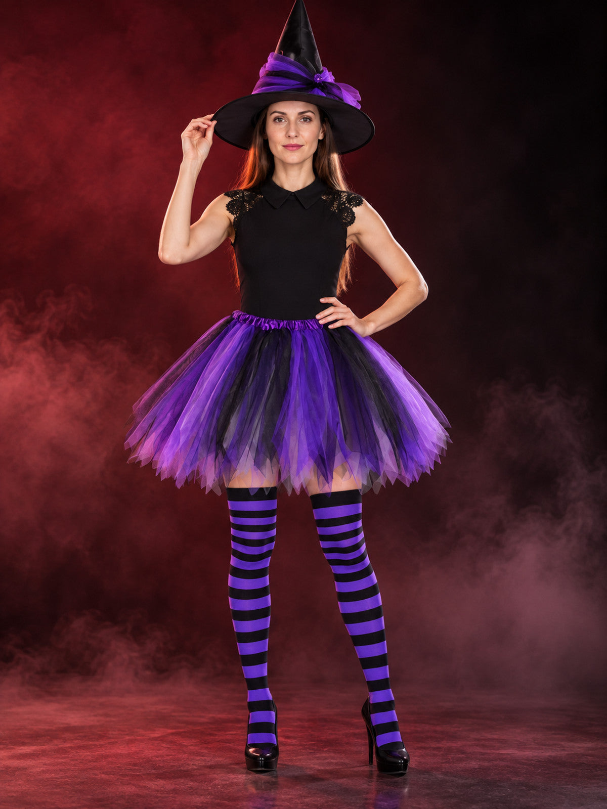 Witch Costume: Purple and Black, Hat, Skirt, Stockings