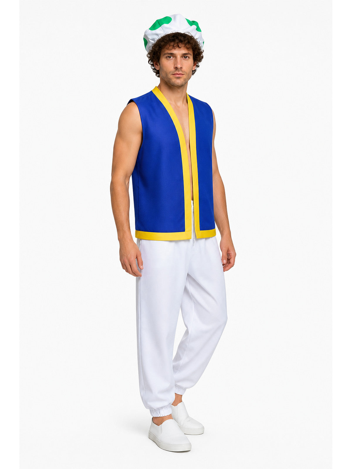 Toad Costume with Blue Vest and White Pants for Halloween Costumes detail