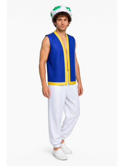 Toad Costume with Blue Vest and White Pants for Halloween Costumes detail