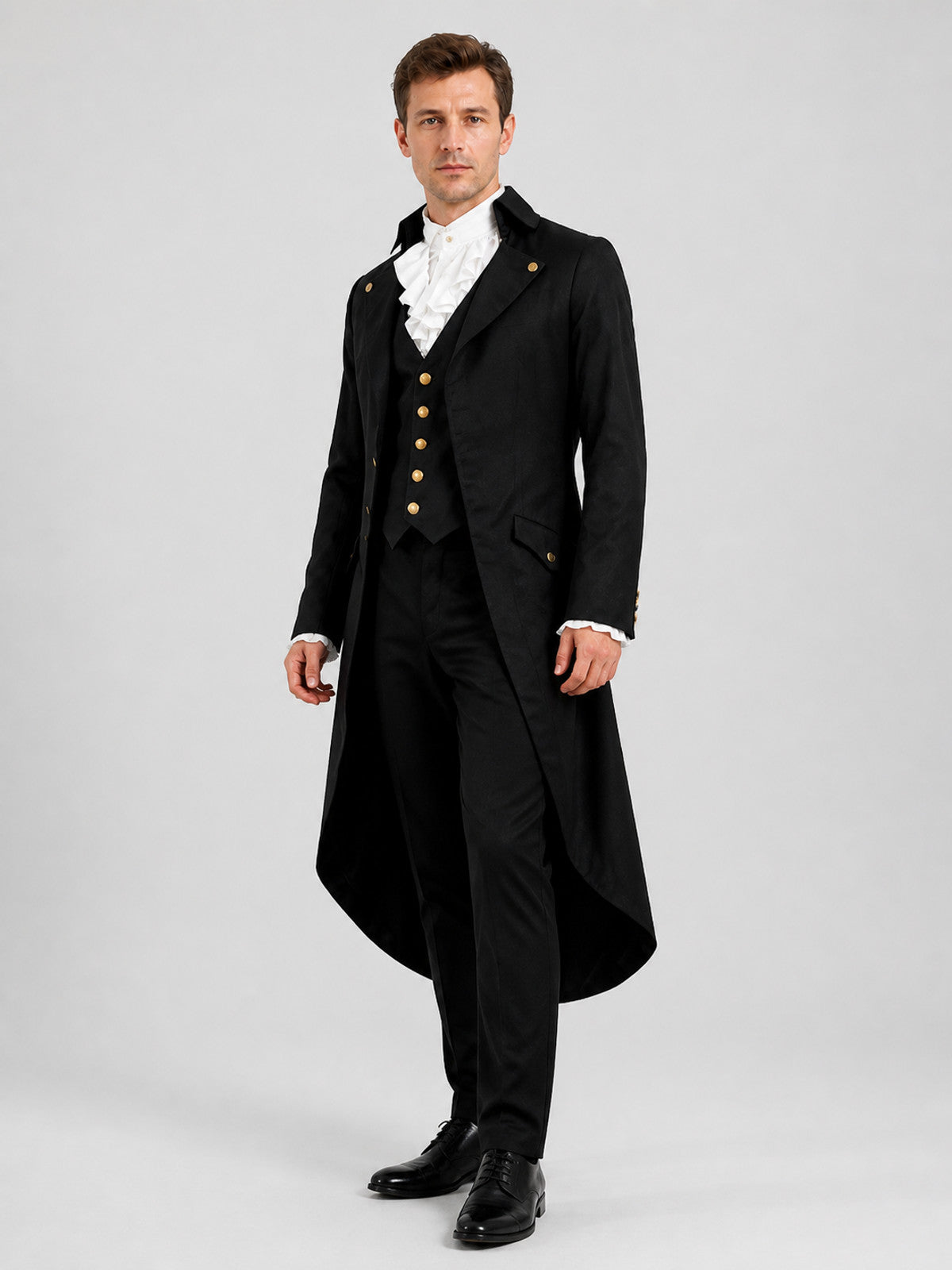 Black elongated tailcoat in Gothic style with lapels product detail
