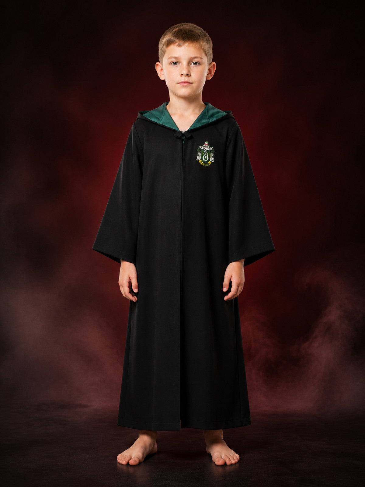 Wizard Robe Costume, Green And Black Hooded Long Cloak With House-Style Badge main product view