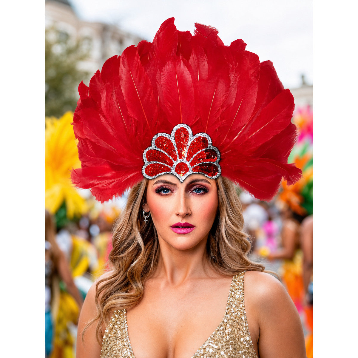 Carnival Headpiece with Red Feathers lifestyle view