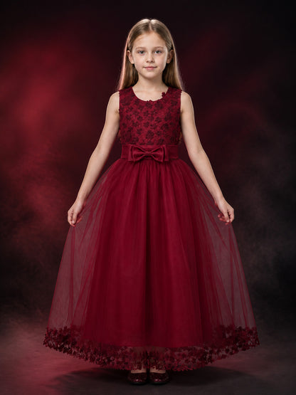 Red Princess Formal Dress, Sleeveless Lace Bodice, Layered Tulle Skirt main product view