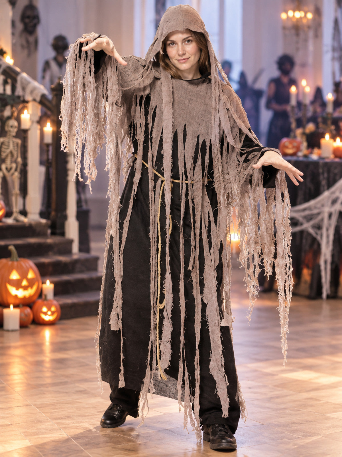 Adult zombie carnival costume with hood and belt