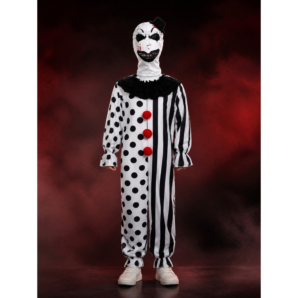 Clown Jumpsuit Costume Set with Mask and Hat, Polka Dot Striped Halloween Outfit main product view