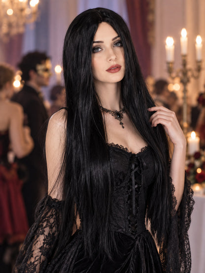 Long straight black wig with a middle part