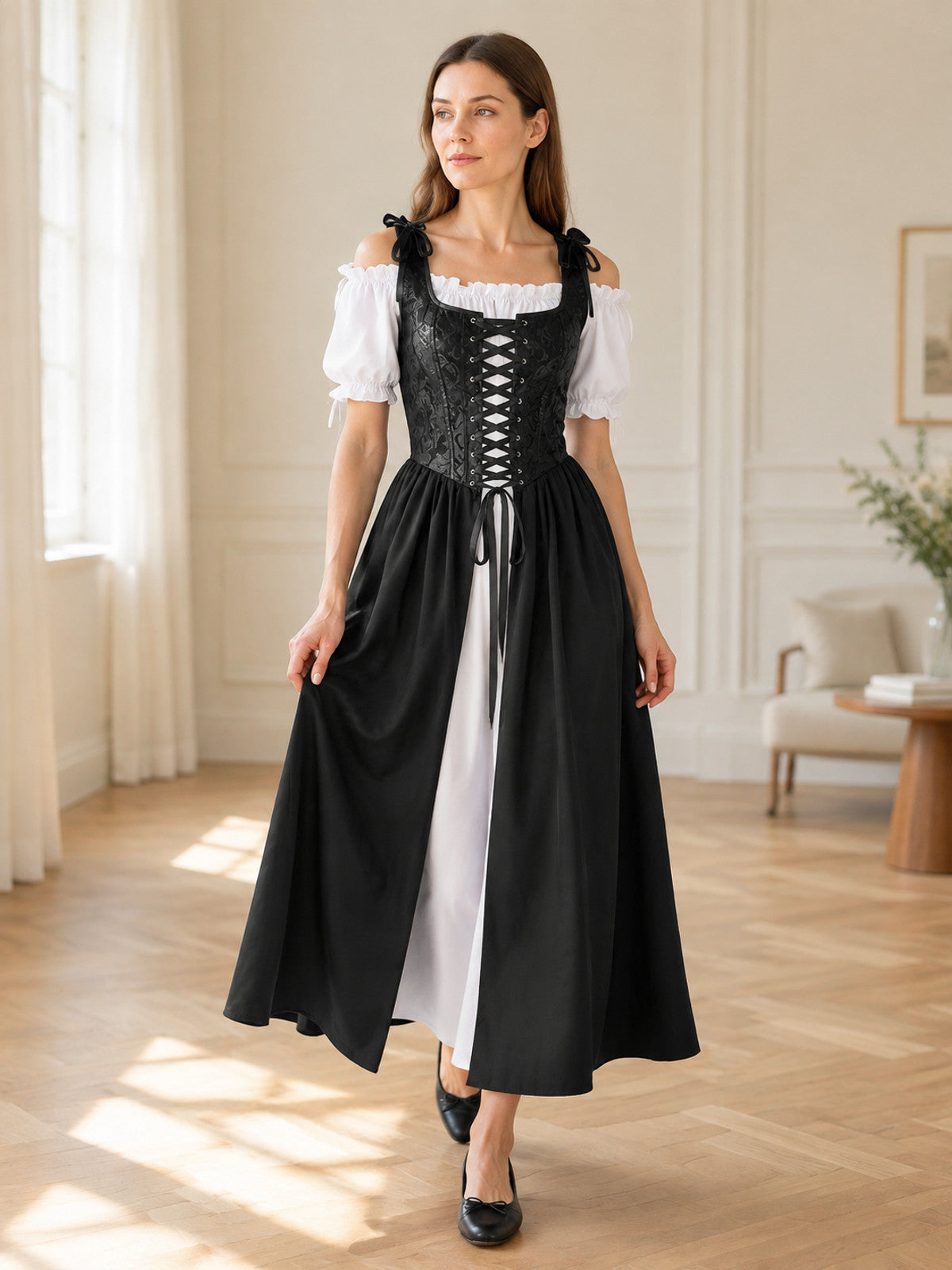 Renaissance Cosplay Dress with Corset and Puff Sleeves lifestyle view