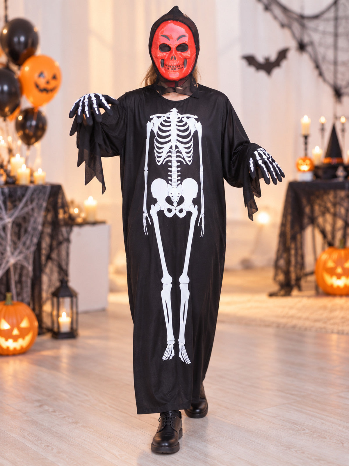 Skeleton Halloween Costume with Hood and White Print
