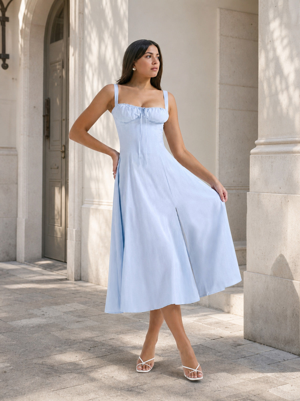 Women's Light Blue Midi Dress with a Square Neckline Costume Dresses detail