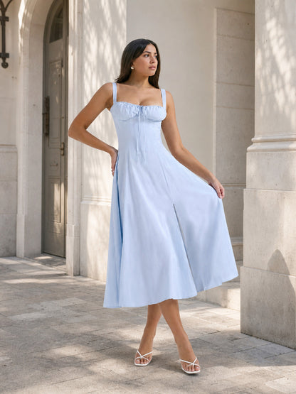 Women's Light Blue Midi Dress with a Square Neckline Costume Dresses detail