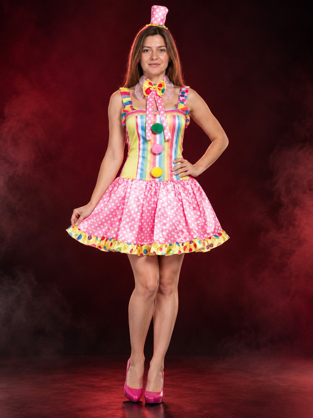 Clown costume with a multicolored dress, bow, and pom-poms