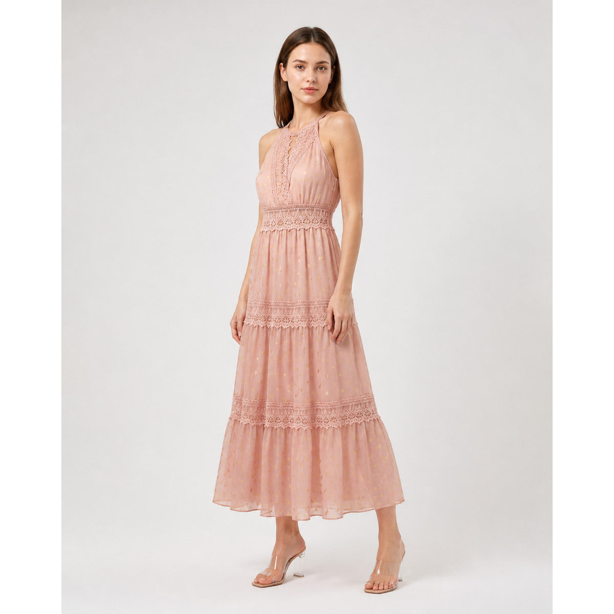 Long Pink Dress with a V-Neckline and Lace Costume Dresses detail