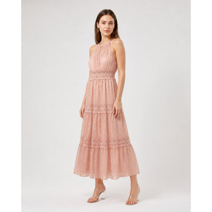 Long Pink Dress with a V-Neckline and Lace Costume Dresses detail
