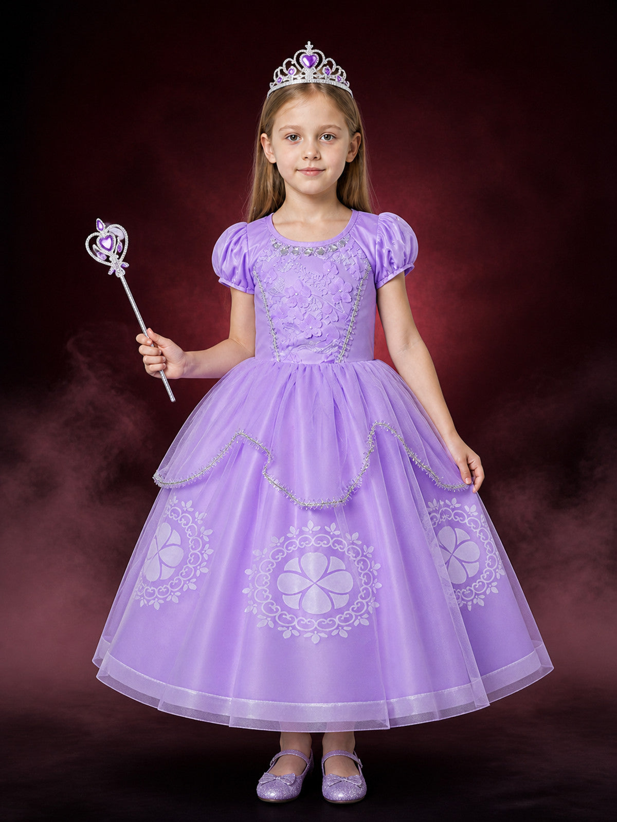 Girls Sophia Princess Dress Costume Set with Crown and Wand, Floral Embroidered main product view